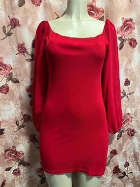 SHEIN Red Square Neck Puff Sleeve Mini Dress
